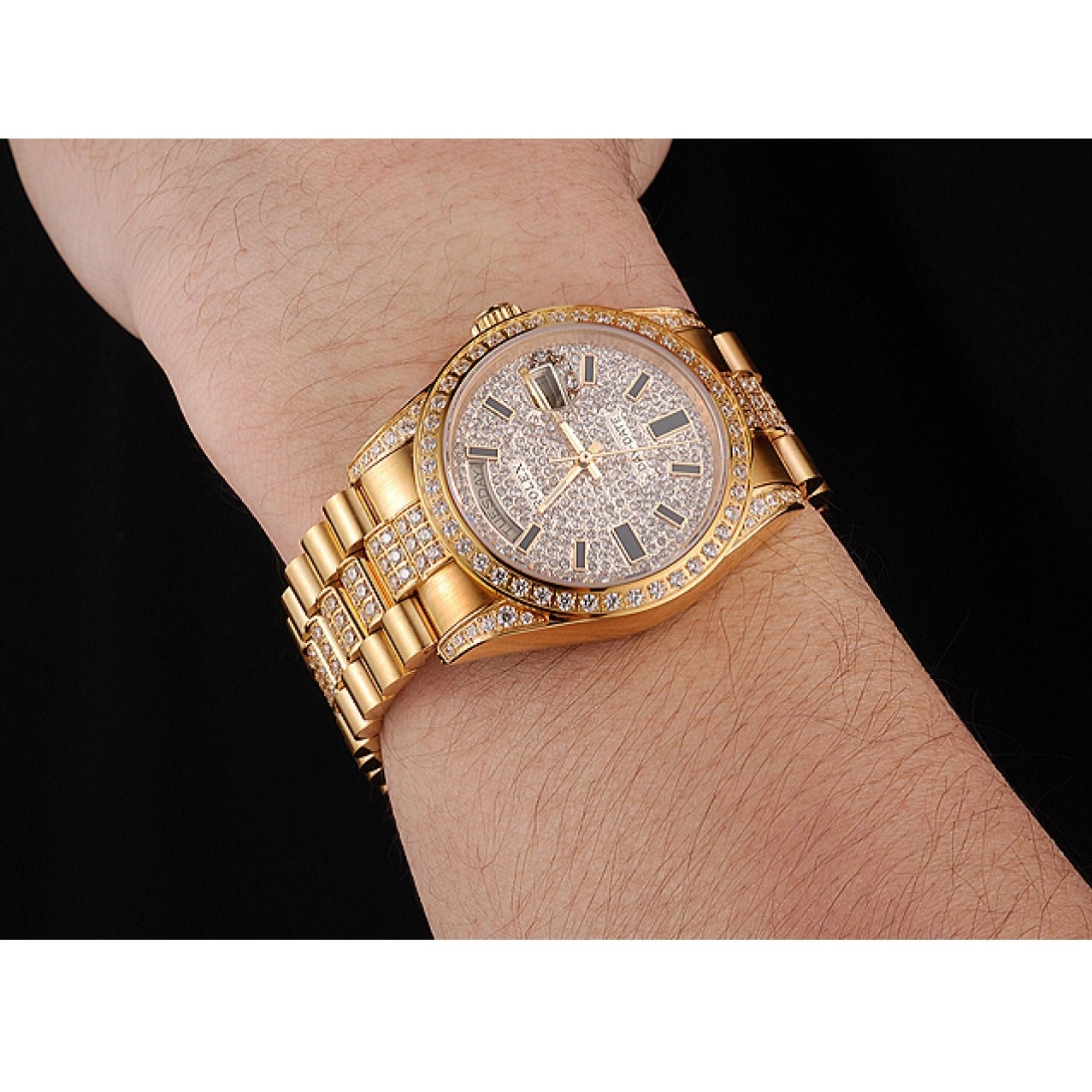 AAA replica watch Pave Gold Yellow Rolex Diamond Swiss Day Date 0625